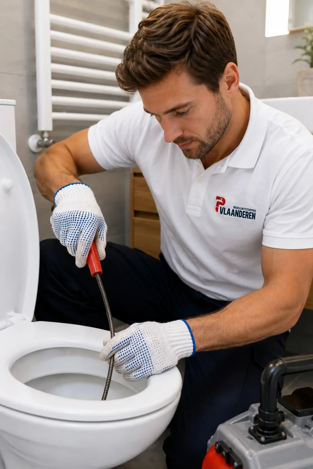 Onze technieker ontstopt een toilet met flexibele sonde en branded werkhandschoenen